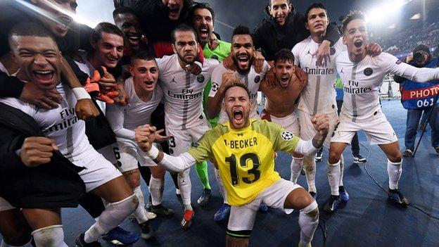 Neymar & Paris St-Germain players celebrate after their victory over Liverpool