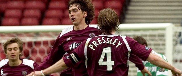 Deividas Cesnauskis engages in a bit of chest-bump celebrations with Hearts team-mate Steven Pressley after scoring against Celtic in the Scottish Cup semi-final in 2005