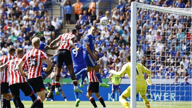 Timothy Castagne heads Leicester ahead against Brentford