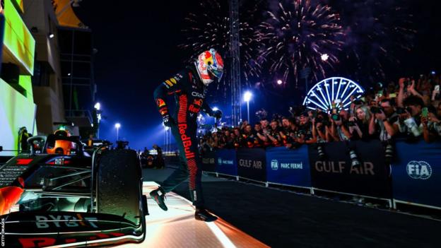 Max Verstappen celebrates his victory in Bahrain