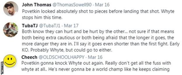 One fan on Twitter says Whyte stops Povetkin, another predicts an early knockout for either man and a third fan believes Povetkin will stop Whyte again