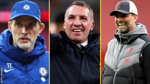 Chelsea boss Thomas Tuchel (left), Leicester City boss Brendan Rodgers and Liverpool boss Jurgen Klopp (right)