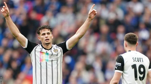 Notts County's Ruben Rodrigues celebrates scoring in the National League promotion final