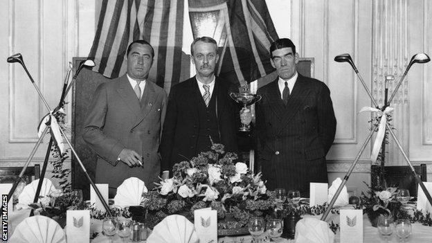 Founder of the Ryder Cup Samuel Ryder with American team captain Walter Hagen and British team captain George Duncan