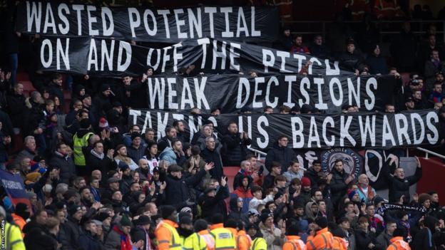 A protest banner by Crystal Palace fans that reads "wasted potential on and off the pitch. Weak decisions taking us backwards".