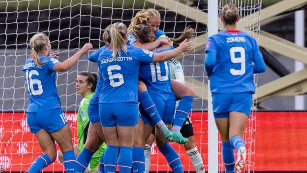 Iceland players celebrate Glodis Viggosdottir's first half goal