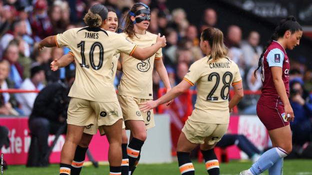 Sam Kerr celebrates scoring for Chelsea against Aston Villa in the Women's FA Cup semi-final