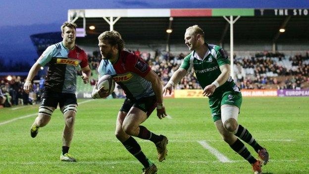 Luke Wallace got the first and fourth of Harlequins' five tries at The Stoop