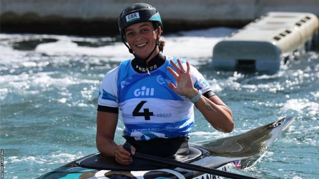 Mallory Franklin celebrates after her victory at the Lee Valley White Water Centre