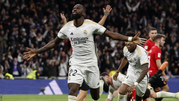 Antonio Rudiger celebrates scoring a goal for Real Madrid