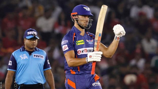 Marcus Stoinis of Lucknow Super Giants celebrates his half century against Indian Premier League Punjab Kings 0.0