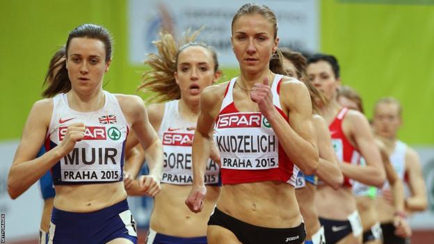 Laura Muir competing in the 2015 European Indoor 3,000m final in Prague