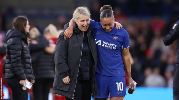 Chelsea manager Emma Hayes with Lauren James at full-time