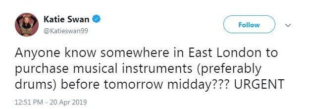 Katie Swan tweet about wanting musical instruments for Sunday's matches