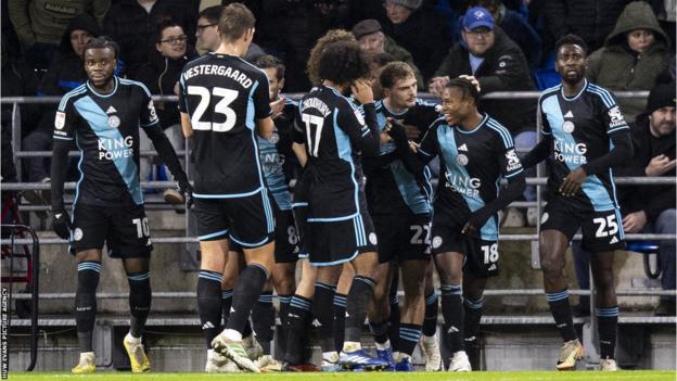Kiernan Dewsbury-Hall of Leicester City celebrates with his team-mates