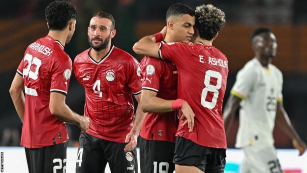Egypt celebrate a goal against Ghana at the 2023 Africa Cup of Nations