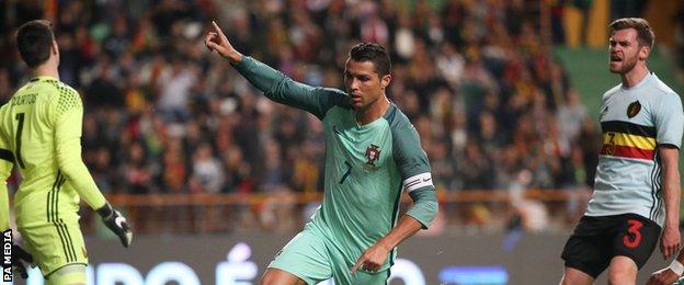 Ronaldo celebrates scoring against Belgium for Portugal in 2016