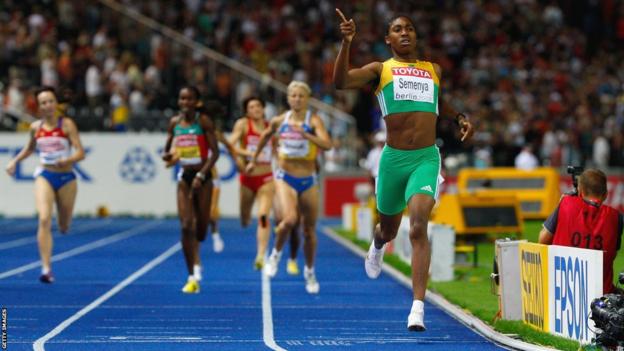 Caster Semenya crosses the line in first place to win gold in the 800m final at the 2009 World Championships in Berlin.