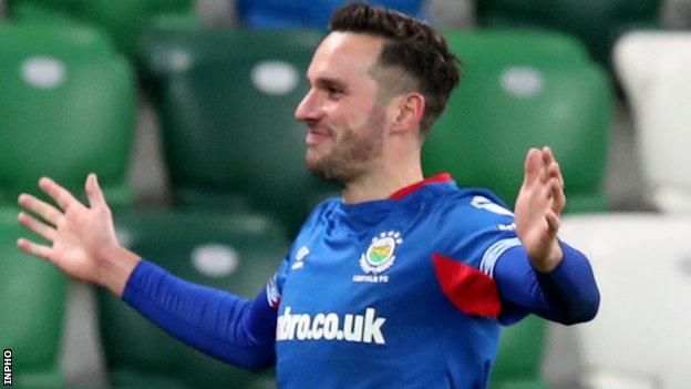 Andrew Waterworth celebrates after scoring one of his 190 goals for Linfield