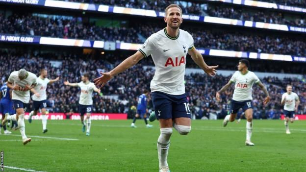 Harry Kane celebrates scoring for Tottenham against Chelsea successful  February