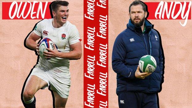 A graphic with Owen Farrell on the left and Andy Farrell on the right