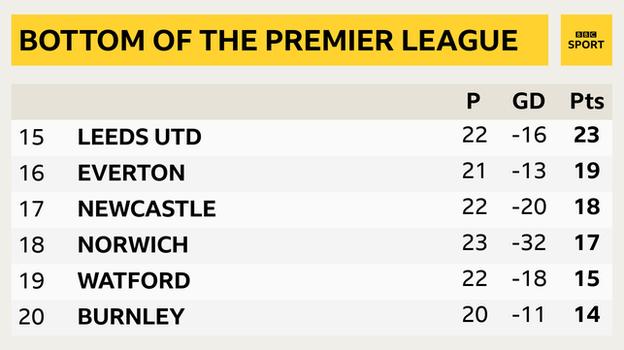  15th Leeds, 16th Everton, 17th Newcastle, 18th Norwich, 19th Watford & 20th Burnley