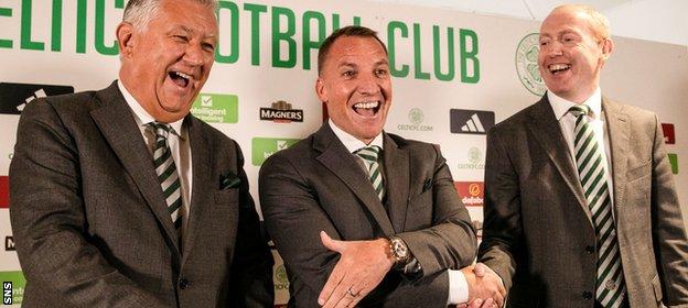 Celtic manager Brendan Rodgers, chairman Peter Lawwell and chief executive Michael Nicholson