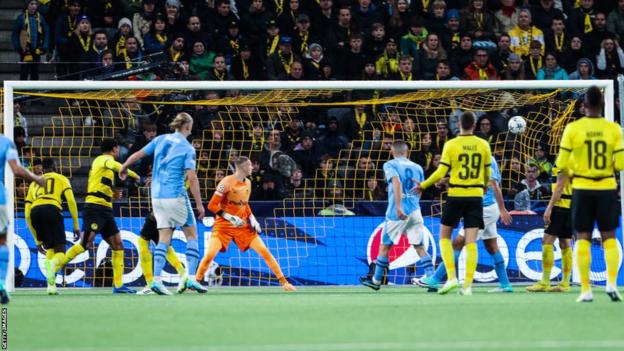 Erling Haaland scores Manchester City's third goal against Young Boys