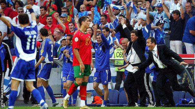 Greece celebrates victory over Portugal as Cristiano Ronaldo watches