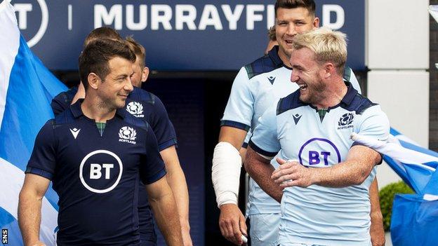 Scotland's Greig Laidlaw and Stuart Hogg show off new kits for the 2019/20 season
