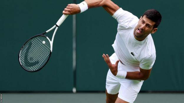 Novak Djokovic practises at Wimbledon before his title defence in 2023