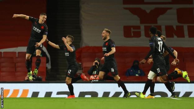 Slavia Prague's players celebrate scoring against Arsenal in the Europa League