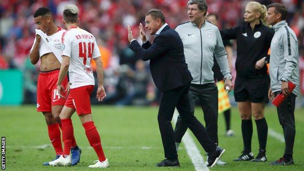 Ralf Rangnick (centre) instructs RB Leipzig players