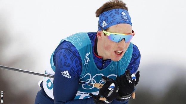 Andrew Musgrave competes in the 15km x 15km skiathlon event on Sunday