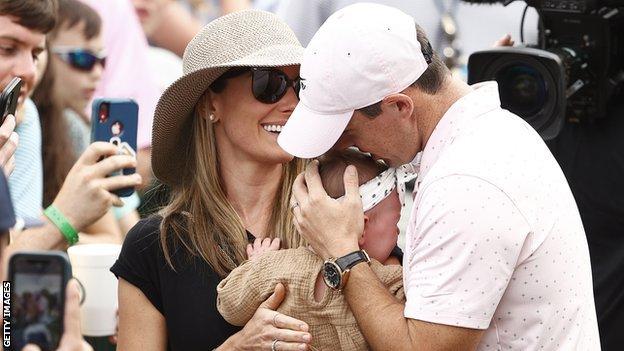 Rory McIlroy's wife Erica and their daughter Poppy join in the celebrations