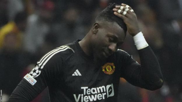 Manchester United's Andre Onana looks dejected after their draw at Galatasaray in the Champions League group stage