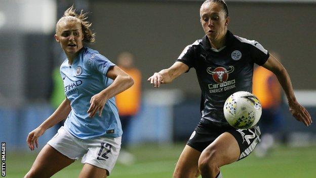 Man City Women's Georgia Stanway competes with Reading Women's Jo Potter