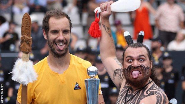 Richard Gasquet celebrates after winning the Auckland Open