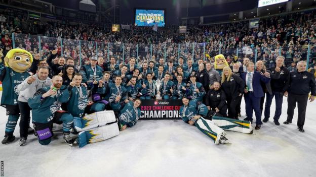 The Belfast Giants celebrate on the ice