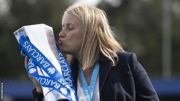 Chelsea Manager Emma Hayes celebrates winning the WSL title