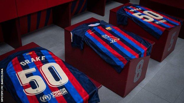 Special Barcelona shirts depicting Drake's logo and 'Drake 50' on the back