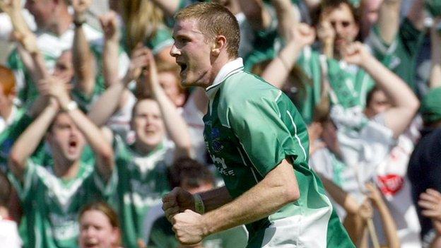 Tom Brewster celebrates after hitting what proved to be the winning point for Fermanagh against Armagh in the 2004 All-Ireland Football quarter-final