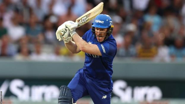 Eoin Morgan plays a shot for London Spirit