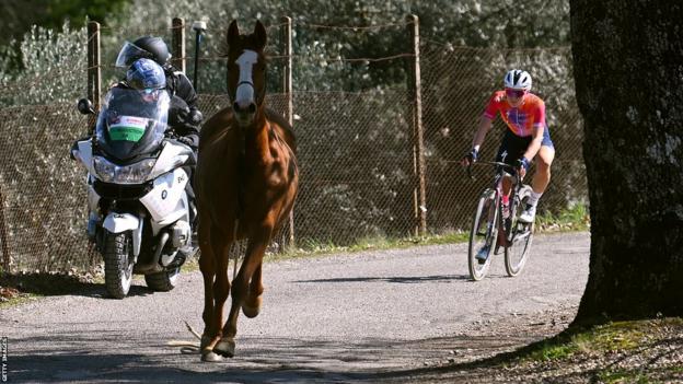 Cyclist Demi Vollering is forced to brake due to a horse on the Strade Bianche course