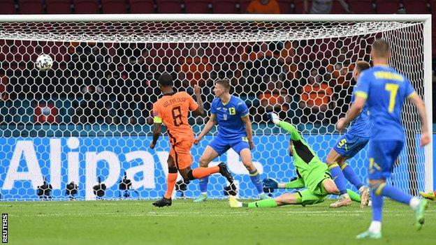 Georginio Wijnaldum scores for the Netherlands against Ukraine at Euro 2020