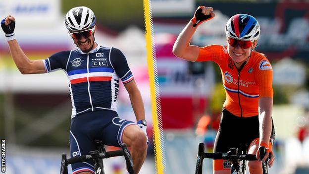 Julian Alaphilippe (left) and Anna van der Breggen (right) celebrate winning the elite men's and women's road races at the 2020 Road World Championships in Italy