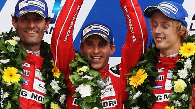 Mark Webber (left), Timo Bernhard (centre) and Brendon Hartley finished second at the Le Mans 24-Hour race in June
