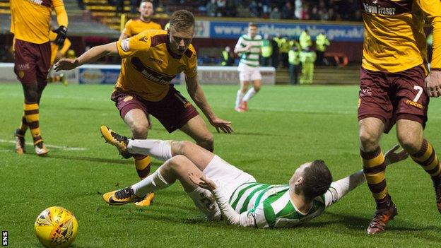 Callum McGregor appeals for a penalty after a challenge from Motherwell's Andy Rose