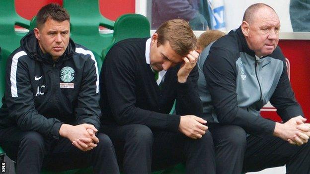Hibernian manager Alan Stubbs (centre) looks disappointed