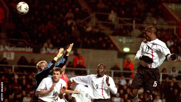 Ugo Ehiogu scores for England against Spain in 2001